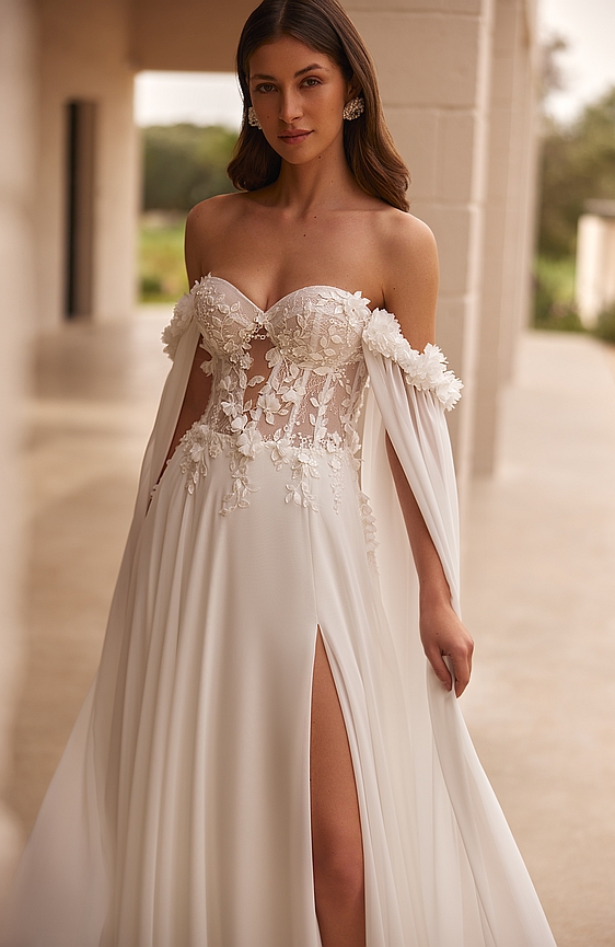 Svadobné šaty bohémske 5667 - neskutočne romantické svadobné šaty zo vzdušného materiálu, žoržetu. Korzetový top zvýrazňujúci dekolt zdobí čipka s 3D rastlinným motívom. Dlhé, očarujúce rukávy lemované kvetmi a polopriehľadný výrez pod prsiami dodávajú týmto šatám a ich nositeľke šarm. Rozparok odhaľuje nohu a dlhá vlečka dodáva éterický nádych. V týchto svadobných šatách sa budete cítiť ako víla!