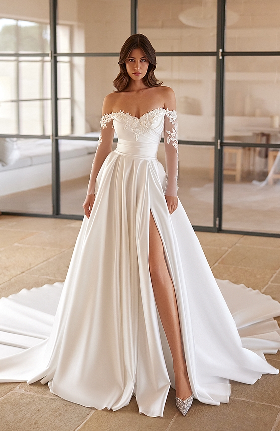 Svadobné šaty 5655 saténové s dlhým rukávom