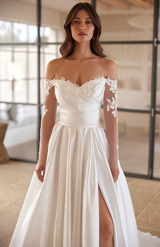 Svadobné šaty 5655 saténové s dlhým rukávom